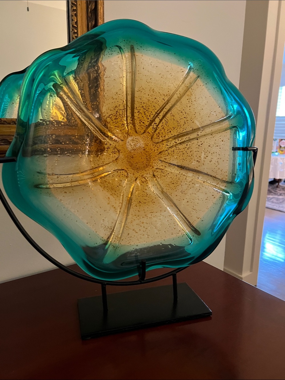 Pier one Handblown Glass Art Plate - Teal and Amber